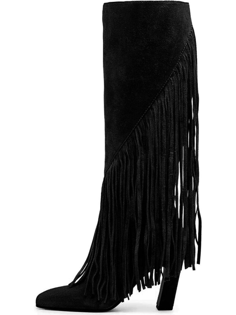 Women's Black Faux Suede Square Toe  Full Zipper Chunky Heels Knee High Boots